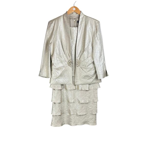 Jessica Howard Tan Gold Tiered Ruffle Sleeveless 2 Piece Jacket Formal Dress Set - Picture 4 of 16